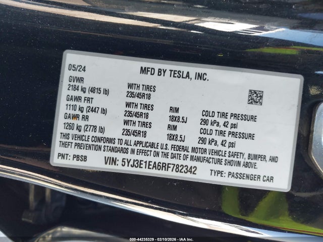 2024 Tesla Model 3 Long Range Dual Motor All-wheel Drive/rear-wheel Drive მანქანა იყიდება აუქციონზე, vin: 5YJ3E1EA6RF782342, აუქციონის ნომერი: 44235329