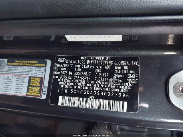 5XYPGDA39HG327996 KIA Sorento 2.4l Lx