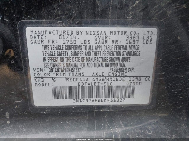 3N1CN7AP8EK451327 Nissan Versa 1.6 S/1.6 S+/1.6 Sl/1.6 Sv