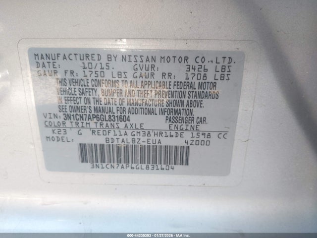 3N1CN7AP6GL831604 Nissan Versa 1.6 S/1.6 S+/1.6 Sl/1.6 Sv