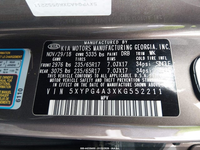 5XYPG4A3XKG552211 KIA Sorento 2.4l Lx