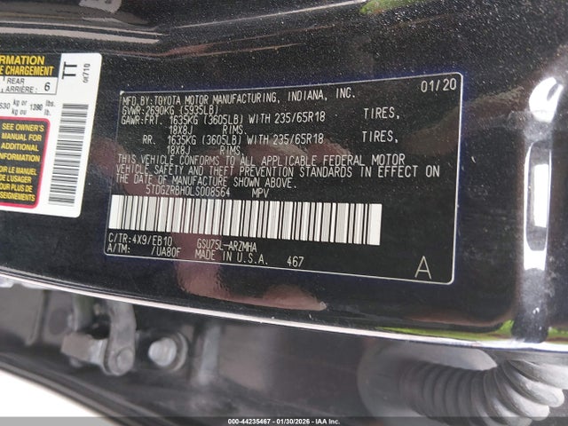 Aukcja sprzedaży 2020 Toyota Highlander Xle, vin: 5TDGZRBH0LS008564, numer aukcji: 44235467