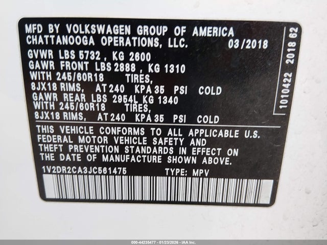 Auction sale of the 2018 Volkswagen Atlas 3.6l V6 Se/3.6l V6 Se W/technology, vin: 1V2DR2CA3JC561475, lot number: 44235477