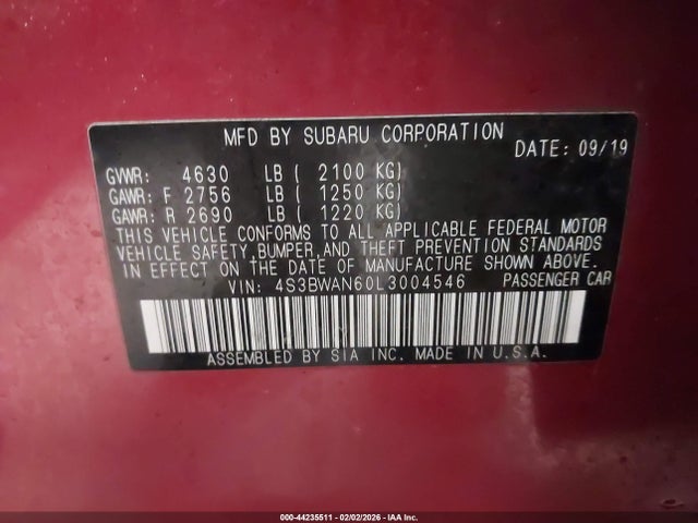 2020 Subaru Legacy Limited მანქანა იყიდება აუქციონზე, vin: 4S3BWAN60L3004546, აუქციონის ნომერი: 44235511