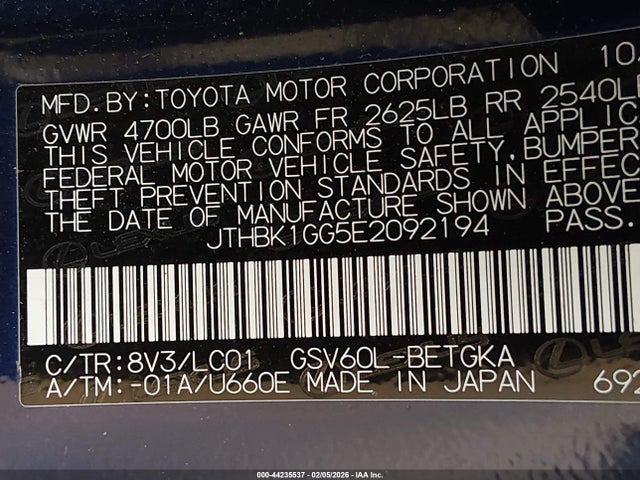 2014 Lexus Es 350 მანქანა იყიდება აუქციონზე, vin: JTHBK1GG5E2092194, აუქციონის ნომერი: 44235537