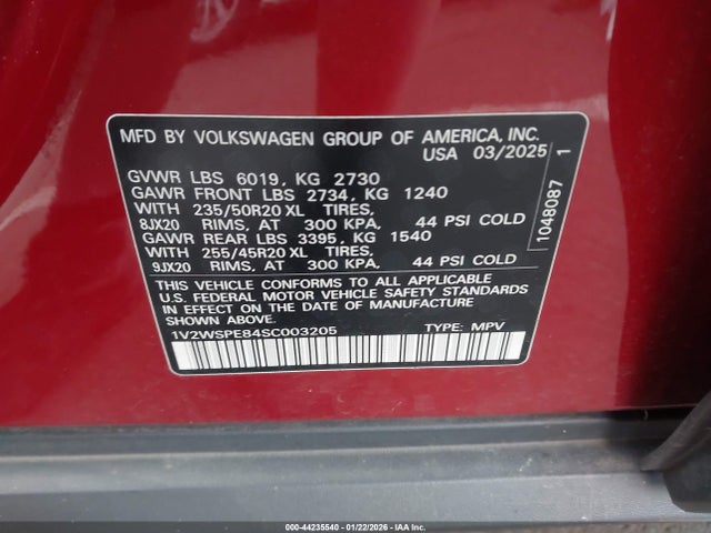 2025 Volkswagen Id.4 Awd Pro S მანქანა იყიდება აუქციონზე, vin: 1V2WSPE84SC003205, აუქციონის ნომერი: 44235540