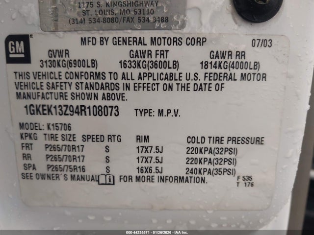 Aukcja sprzedaży 2004 Gmc Yukon Slt, vin: 1GKEK13Z94R108073, numer aukcji: 44235571
