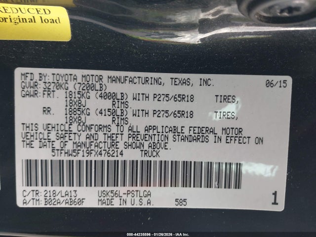 5TFHW5F19FX476214 Toyota Tundra Limited 5.7l V8