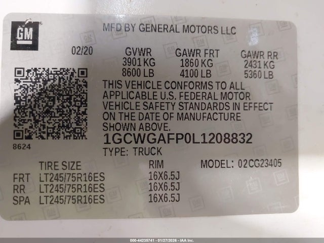 1GCWGAFP0L1208832 Chevrolet Express Cargo Rwd 2500 Regular Wheelbase Wt