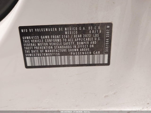 44235824 :رقم المزاد ، 3VWC57BU7KM097136 vin ، 2019 Volkswagen Jetta 1.4t R-line/1.4t S/1.4t Se مزاد بيع