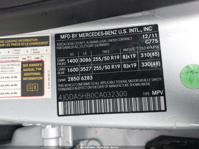 Aukcja sprzedaży 2012 Mercedes-benz Ml 350 4matic, vin: 4JGDA5HB0CA032300, numer aukcji: 44235984