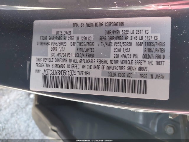 44236021 :رقم المزاد ، JM3TCBDY8M0541374 vin ، 2021 Mazda Cx-9 Carbon Edition مزاد بيع