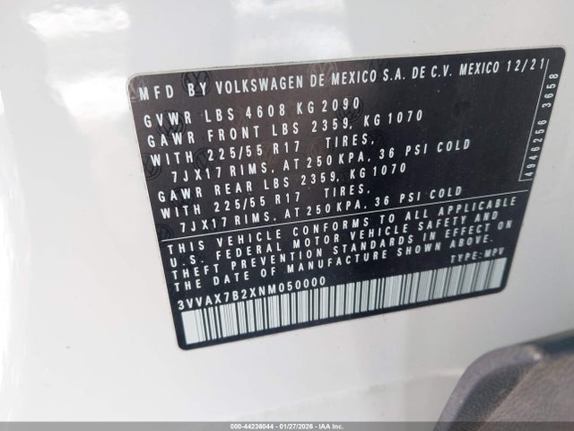 44236044 :رقم المزاد ، 3VVAX7B2XNM050000 vin ، 2022 Volkswagen Taos 1.5t S مزاد بيع