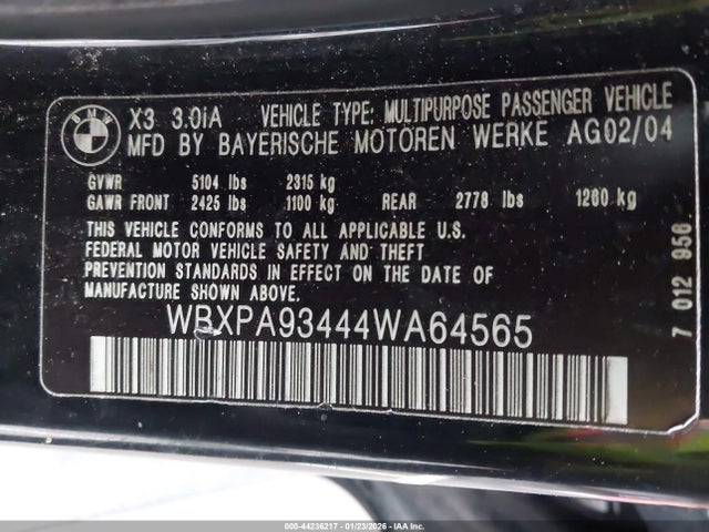 2004 Bmw X3 3.0i მანქანა იყიდება აუქციონზე, vin: WBXPA93444WA64565, აუქციონის ნომერი: 44236217