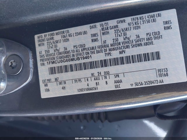 1FMCU0G60MUB19401 Ford ESCAPE SE