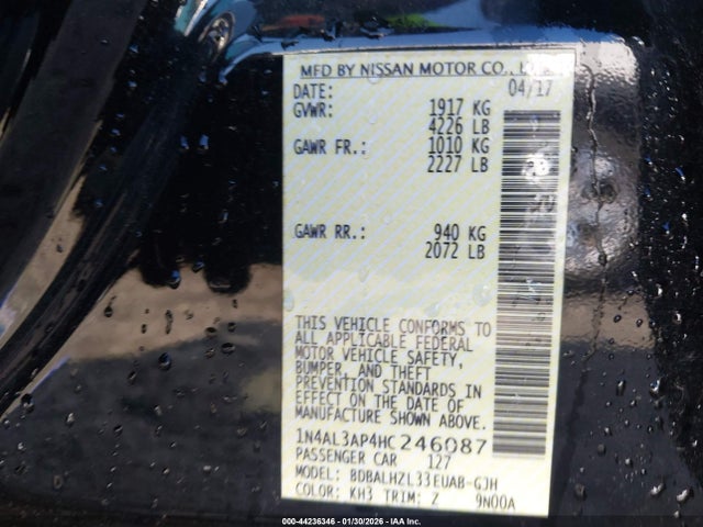 2017 Nissan Altima 2.5 Sr მანქანა იყიდება აუქციონზე, vin: 1N4AL3AP4HC246087, აუქციონის ნომერი: 44236346