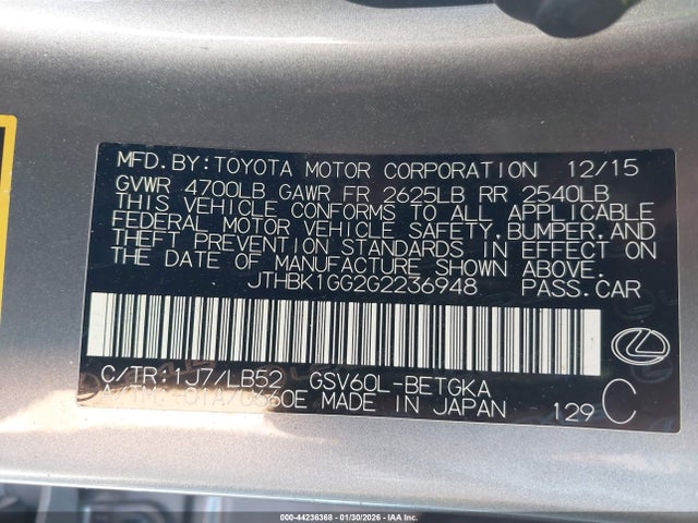 Aukcja sprzedaży 2016 Lexus Es 350, vin: JTHBK1GG2G2236948, numer aukcji: 44236368