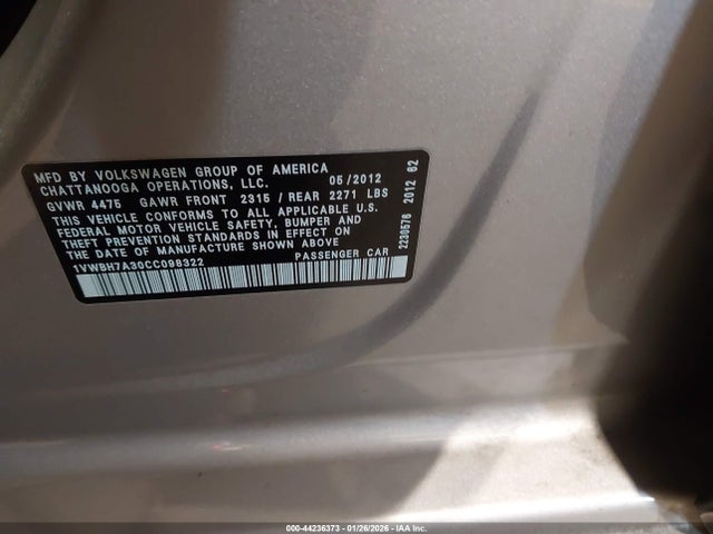 Aukcja sprzedaży 2012 Volkswagen Passat 2.5l Se, vin: 1VWBH7A30CC098322, numer aukcji: 44236373