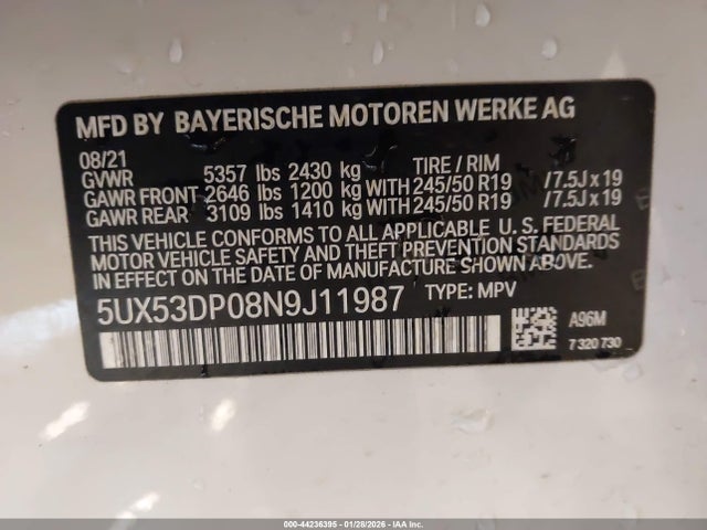 Продаж на аукціоні авто 2022 Bmw X3 Xdrive30i, vin: 5UX53DP08N9J11987, номер лоту: 44236395