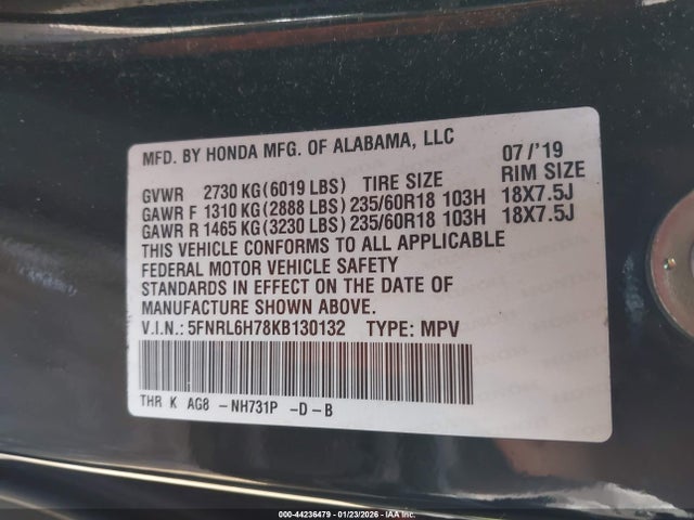 5FNRL6H78KB130132 Honda Odyssey Ex-l