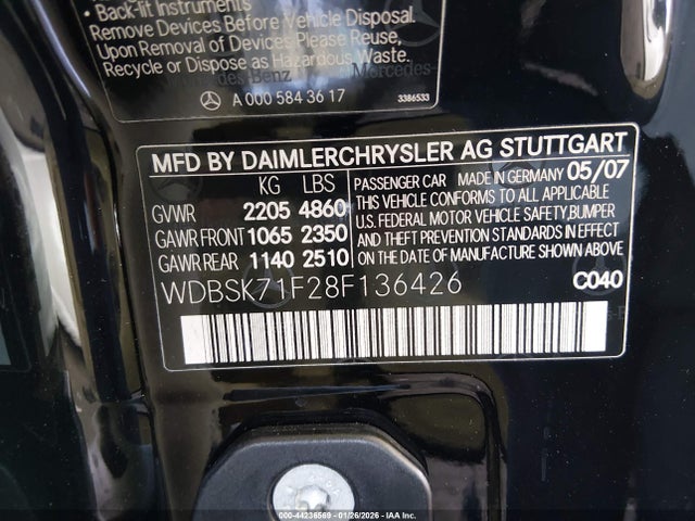 Продаж на аукціоні авто 2008 Mercedes-benz Sl 550, vin: WDBSK71F28F136426, номер лоту: 44236569