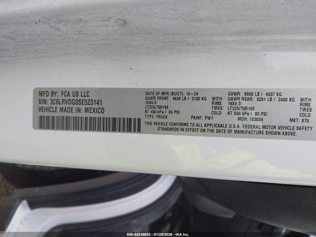 Продажа на аукционе авто 2025 Ram Promaster 2500 Tradesman High Roof 159 Wb W/pass Seat, vin: 3C6LRVDG0SE523141, номер лота: 44236653