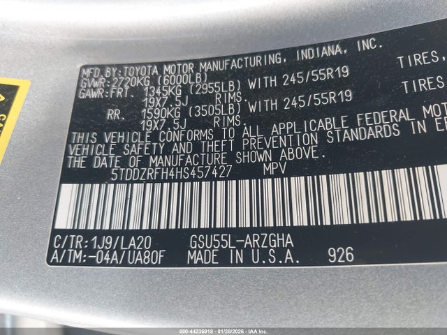 5TDDZRFH4HS457427 Toyota Highlander Limited Platinum