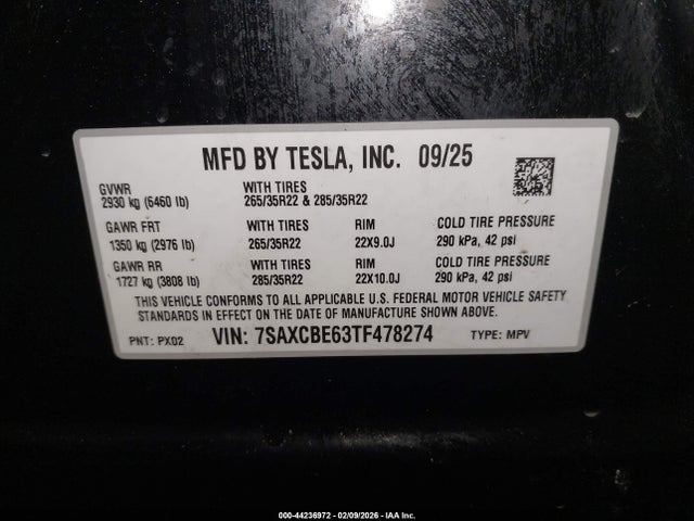 Aukcja sprzedaży 2026 Tesla Model X Plaid, vin: 7SAXCBE63TF478274, numer aukcji: 44236972