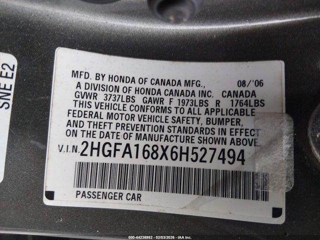 Aukcja sprzedaży 2006 Honda Civic Ex, vin: 2HGFA168X6H527494, numer aukcji: 44236982