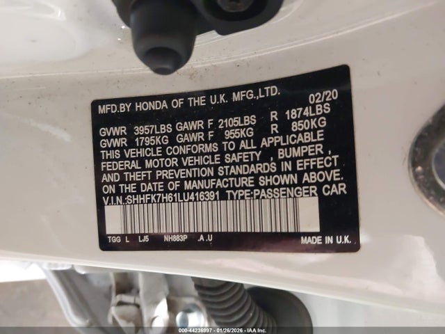 Aukcja sprzedaży 2020 Honda Civic Ex, vin: SHHFK7H61LU416391, numer aukcji: 44236997