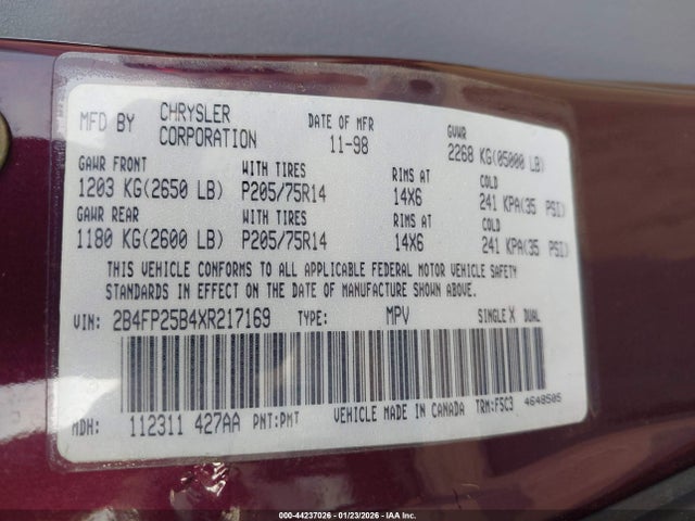 1999 Dodge Caravan მანქანა იყიდება აუქციონზე, vin: 2B4FP25B4XR217169, აუქციონის ნომერი: 44237026