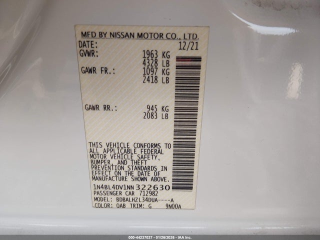 1N4BL4DV1NN322630 Nissan Altima Sv Fwd