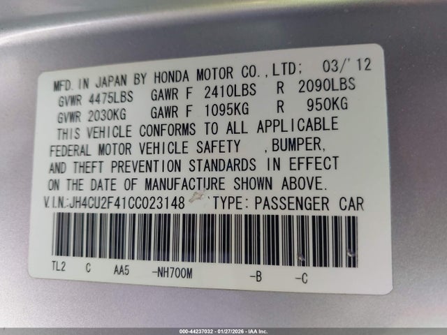 44237032 :رقم المزاد ، JH4CU2F41CC023148 vin ، 2012 Acura Tsx 2.4 مزاد بيع