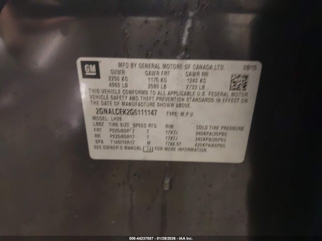 44237087 :رقم المزاد ، 2GNALCEK2G6111147 vin ، 2016 Chevrolet Equinox Lt مزاد بيع