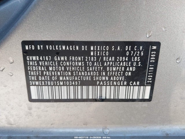 44237118 :رقم المزاد ، 3VWEX7BU1SM103497 vin ، 2025 Volkswagen Jetta 1.5t Se مزاد بيع