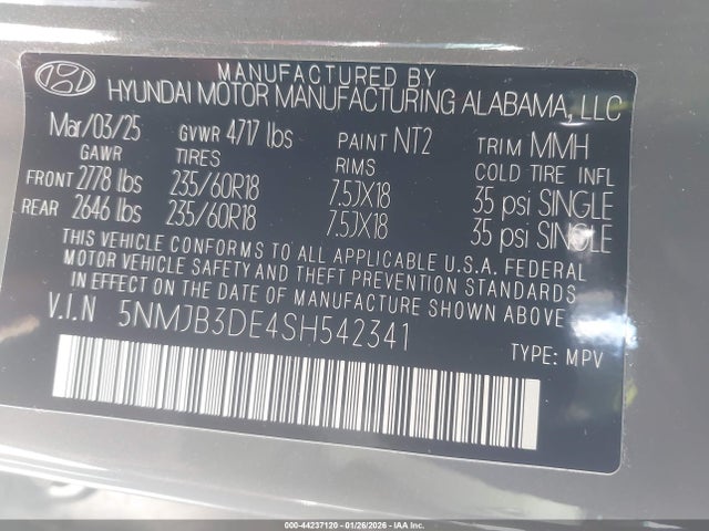 44237120 :رقم المزاد ، 5NMJB3DE4SH542341 vin ، 2025 Hyundai Tucson Sel مزاد بيع