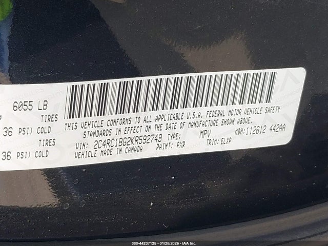 Auction sale of the 2019 Chrysler Pacifica Touring L, vin: 2C4RC1BG2KR592749, lot number: 44237125