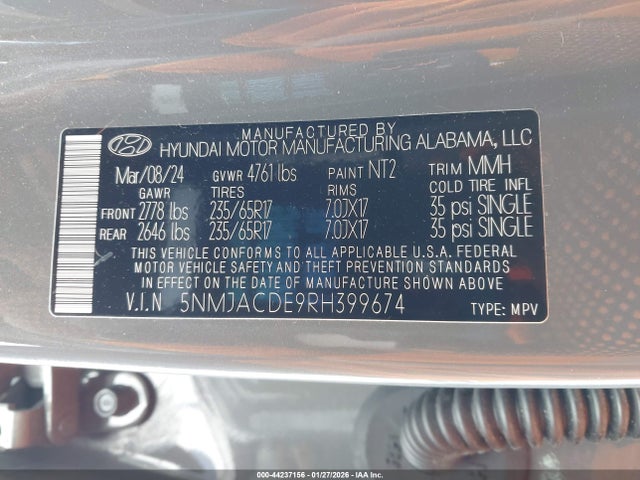 44237156 :رقم المزاد ، 5NMJACDE9RH399674 vin ، 2024 Hyundai Tucson Se مزاد بيع