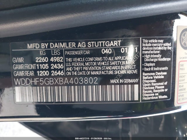 2011 Mercedes-benz E 350 მანქანა იყიდება აუქციონზე, vin: WDDHF5GBXBA403802, აუქციონის ნომერი: 44237210