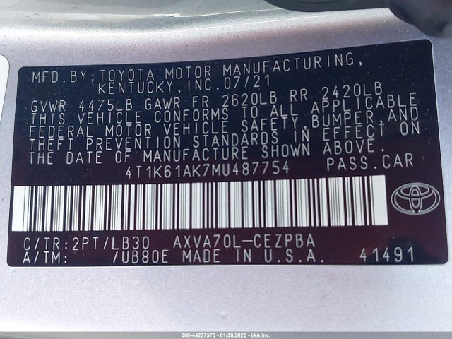 4T1K61AK7MU487754 Toyota CAMRY XSE