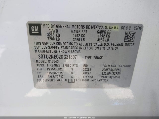Aukcja sprzedaży 2016 Gmc Sierra 1500 Slt, vin: 3GTU2NEC2GG218071, numer aukcji: 44237389