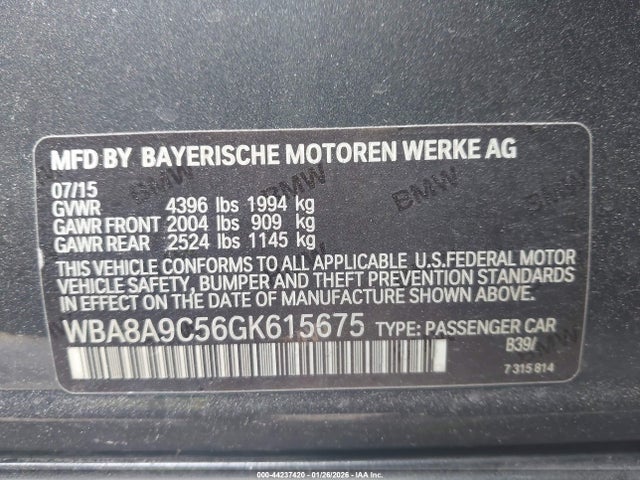 Aukcja sprzedaży 2016 Bmw 320i, vin: WBA8A9C56GK615675, numer aukcji: 44237420
