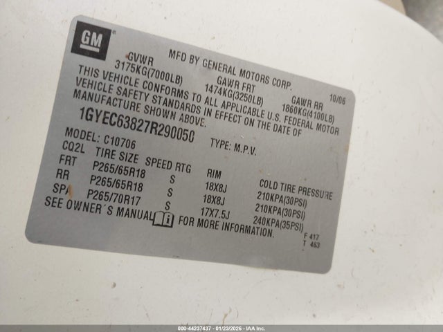 2007 CADILLAC ESCALADE 1GYEC63827R290050 Photo 8