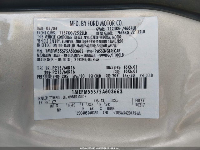Aukcja sprzedaży 2005 Mercury Sable Ls, vin: 1MEFM55S75A603663, numer aukcji: 44237493