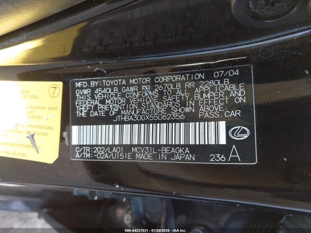 2005 Lexus Es 330 მანქანა იყიდება აუქციონზე, vin: JTHBA30GX55062356, აუქციონის ნომერი: 44237531