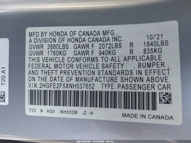 Honda Civic Sport 2022 2HGFE2F5XNH537652 Image 9