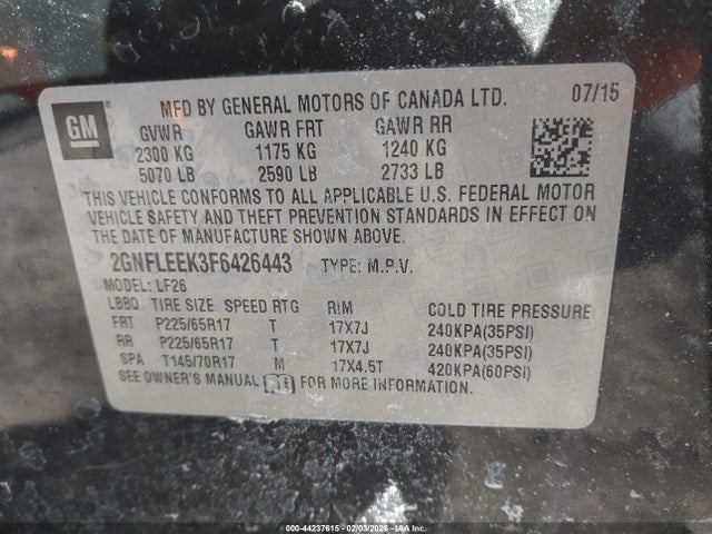 44237615 :رقم المزاد ، 2GNFLEEK3F6426443 vin ، 2015 Chevrolet Equinox Ls مزاد بيع