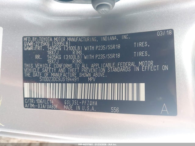 Toyota Sienna Xle 7 Passenger 2018 5TDDZ3DC9JS194491 Image 9
