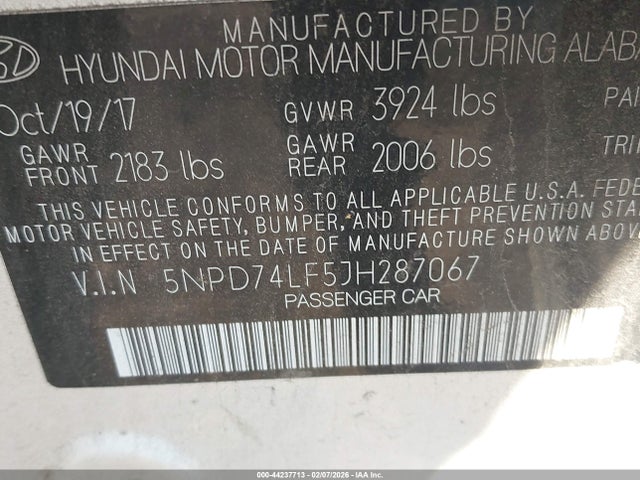 5NPD74LF5JH287067 Hyundai ELANTRA SE