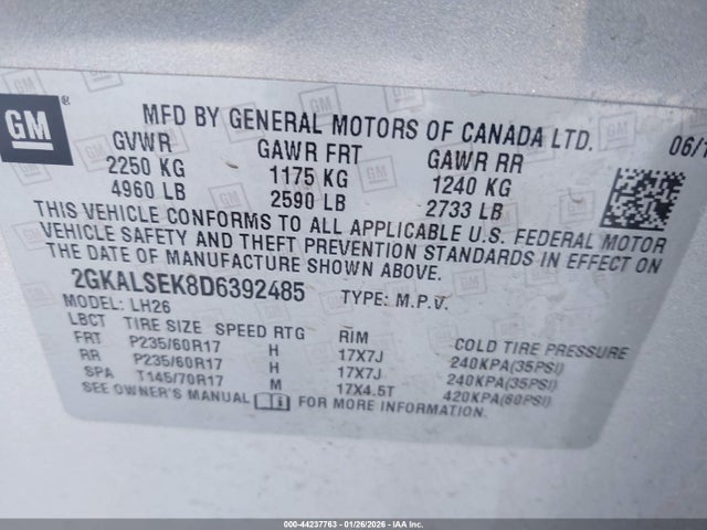 Aukcja sprzedaży 2013 Gmc Terrain Sle-2, vin: 2GKALSEK8D6392485, numer aukcji: 44237763